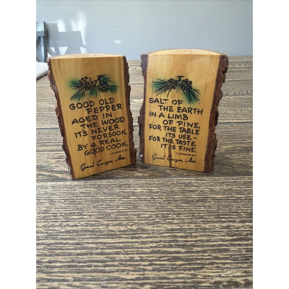 VTG 1960 Plasman Wooden Salt Pepper Shakers Pine Log Slab Bark Poem Rustics